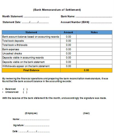 مذكرة تسوية البنك - اللغة الإنجليزية
